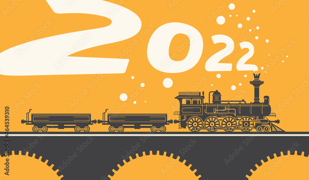 New Year card with a vintage steam locomotive train