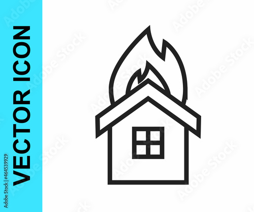Black line Fire in burning house icon isolated on white background. Insurance concept. Security, safety, protection, protect concept. Vector