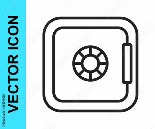 Black line Safe icon isolated on white background. The door safe a bank vault with a combination lock. Reliable Data Protection. Vector