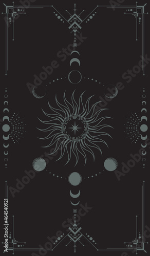 Vector mystical dark background with an ornate geometric frame including a sun and moon phases. Occult vertical banner with crescents and magical symbols. Cover for a tarot card