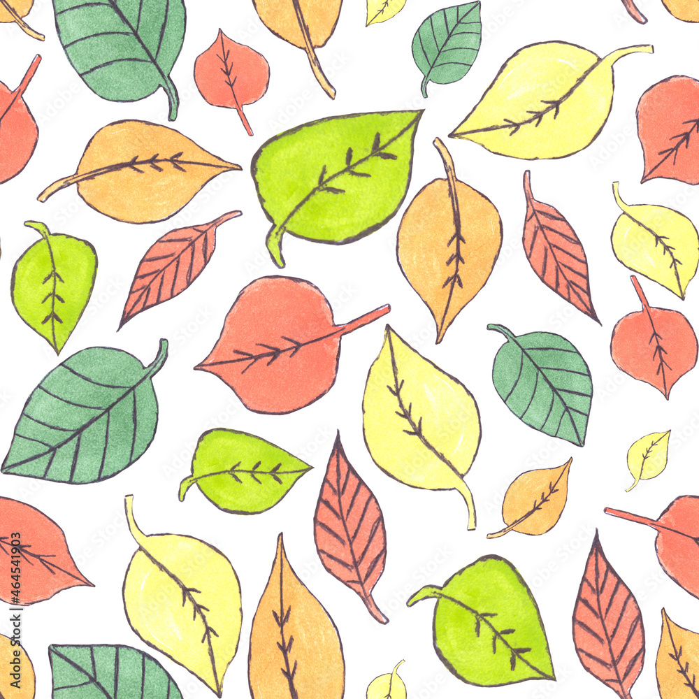 Obraz premium Cute autumn multicolored watercolor doodle leaves on white background geometric seamless pattern 01
