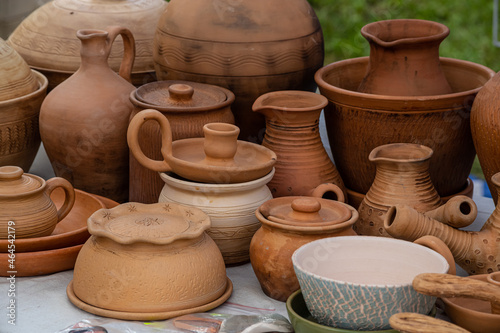 Traditional homemade ceramic pots on traditional crafts fair