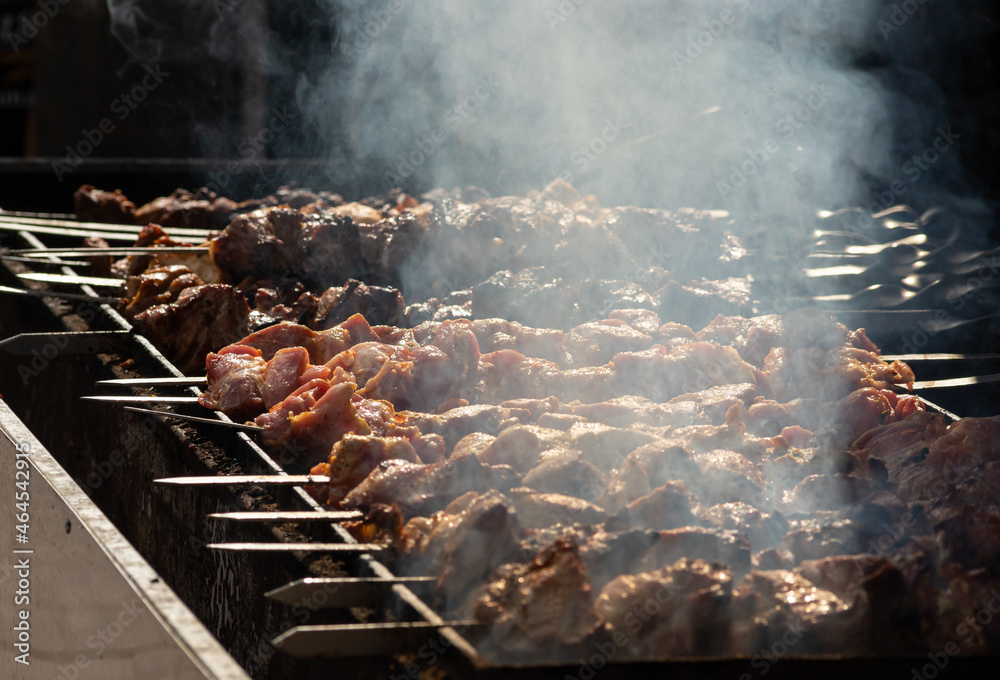 Grilling marinated shashlik on a grill. Shashlik is a form of Shish kebab  popular in Eastern, Central Europe and other places. Shashlyk meaning skewer  Stock Photo - Alamy