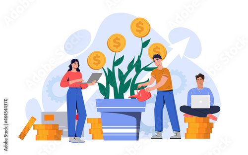 Young investors concept. Entrepreneurs water money tree and make big profit. Rich men and women invest capital. Revenue growth. Cartoon modern flat vector illustration isolated on white background