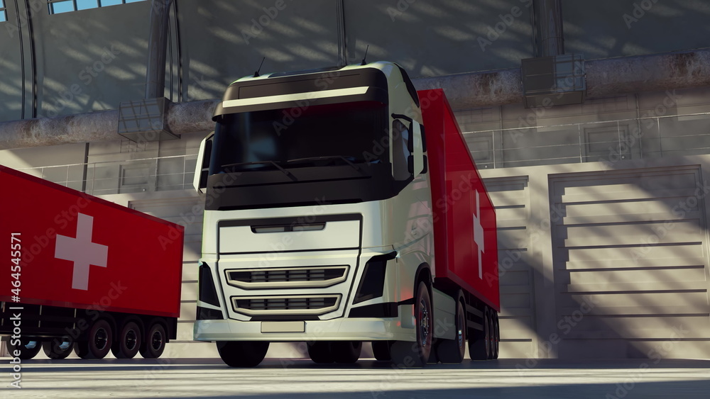 Cargo trucks with Switzerland flag. Trucks from Swiss loading or unloading at warehouse dock. 3d rendering