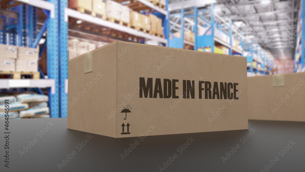 Boxes with MADE IN FRANCE text on conveyor. United Arab Emirates goods related. 3d rendering