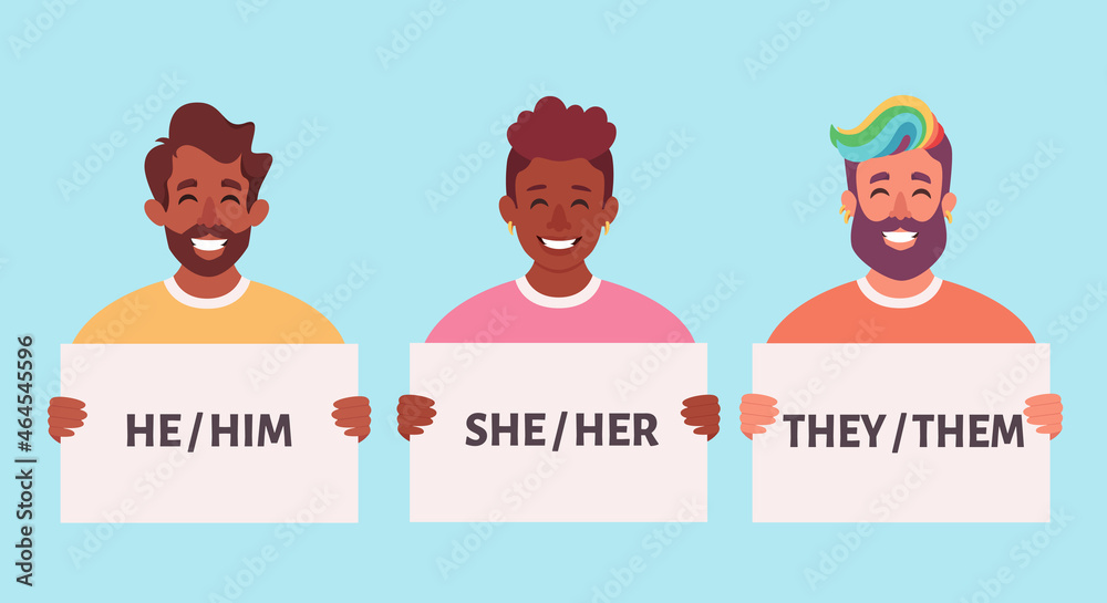 Vettoriale Stock People holding sign with gender pronouns. She, he ...