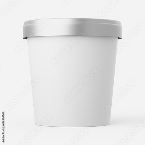 Ice cream tub in white with silver lid on a plain background. 3d render.