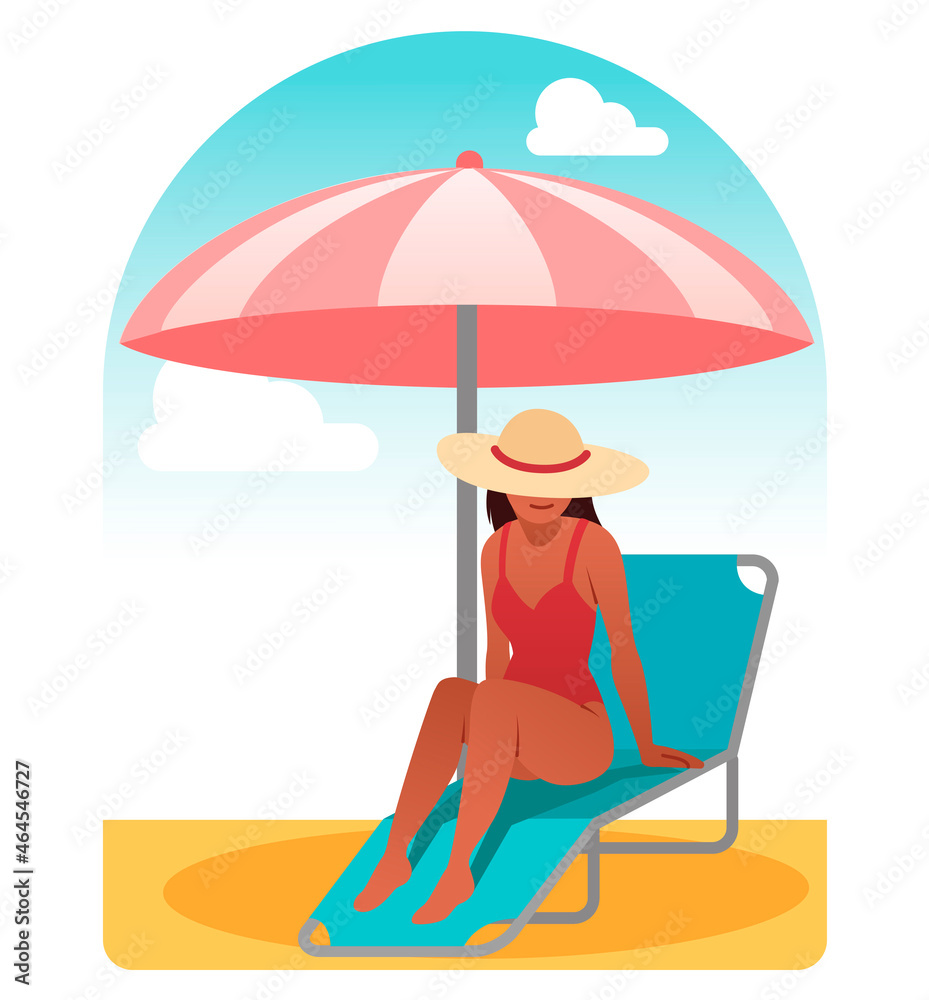 Woman sunbathing on chaise longue. Character lying on comfortable chair under umbrella. Rest and relaxation on vacation. Girl on beach. Cartoon flat vector illustration isolated on white background
