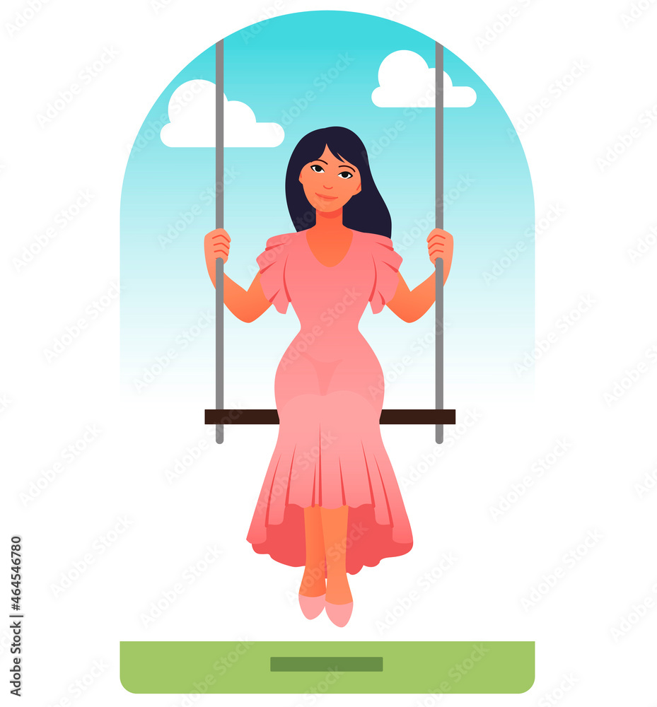 Woman swings concept. Young girl sitting on carousels and resting. Character relaxes on vacation or weekends. Entertainment and pastime. Cartoon flat vector illustration isolated on white background Woman swings concept. Young girl sitting on carousels and resting. Character relaxes on vacation or weekends. Entertainment and pastime. Cartoon flat vector illustration isolated on white background