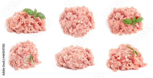 Set with fresh raw chicken minced meat on white background