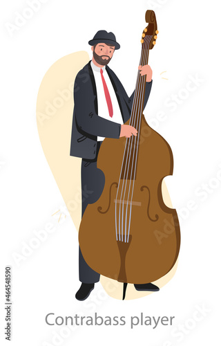 Contrabass player concept. Man holds large bow instrument with strings and plays beautiful melody. Professional jazz musician. Cartoon modern flat vector illustration isolated on white background