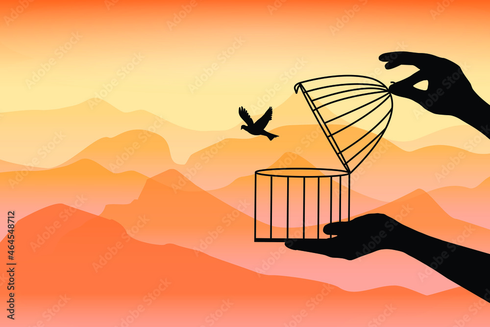 Dream Birds Flying Away, the birds flying out of a bird an open cage, the birds released from a cage, freedom concept. birds set free vector illustration. - obrazy, fototapety, plakaty 
