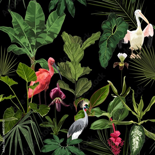 Birds Scarlet Ibis, crane, pelicane in the thickets of a flowering rainforest. Hand drown  illustration.