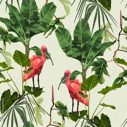 Birds Scarlet Ibis in the thickets of a flowering rainforest. Hand drown  illustration.