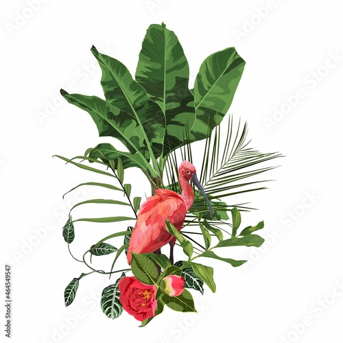 Tropical Invitation, floral invite thank you, rsvp modern card Design. Tropical bouquet with exotic tropical rainforest Scarlet Ibis bird and green  leaves, palms, banana tree.