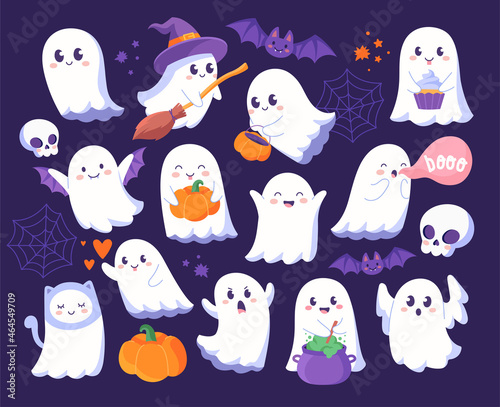 Set of cute ghosts. Colorful stickers with spirits, pumpkins, bats and cobwebs. Children creepy characters. Design elements for Halloween. Cartoon flat vector collection isolated on purple background