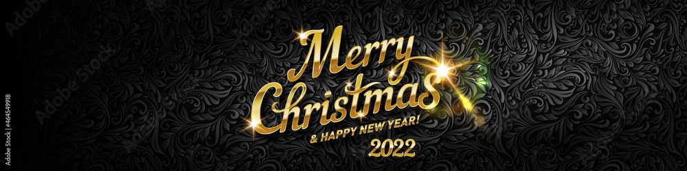 Merry Christmas Lettering for Invitation and Greeting Card, Prints, and Posters with Golden Bokeh Number 2022. Calligraphic Design on Black Background