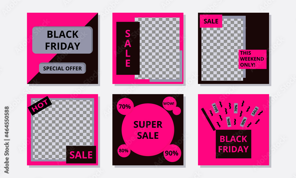 Naklejka premium Set of editable square templates for black friday sale for social media post.