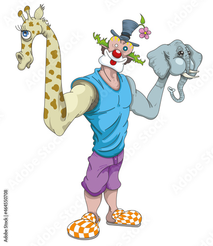 Billede på lærred Clown et marionnettes éléphant et girafe