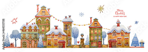 Watercolor hand-drawn illustration of a European winter Christmas town with houses, Christmas trees, trees, Santa Claus, snowman, decorations and gifts. Hand-drawn watercolor snowy street