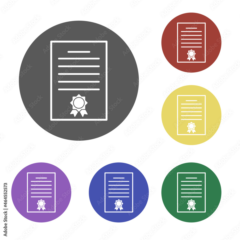 set of six isolated document icons on a multicolored background, white outline, vector illustration
