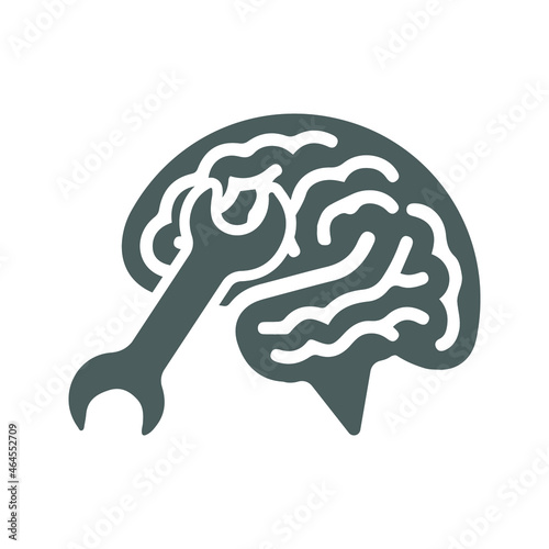 Brain, tools, settings icon. Gray vector graphics.