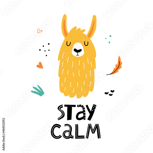 Funny llama or alpaca face poster with cute lettering in hand drawn style. Perfect for t-shirt, apparel, cards, poster, nursery decoration. Isolated on white background vector illustration