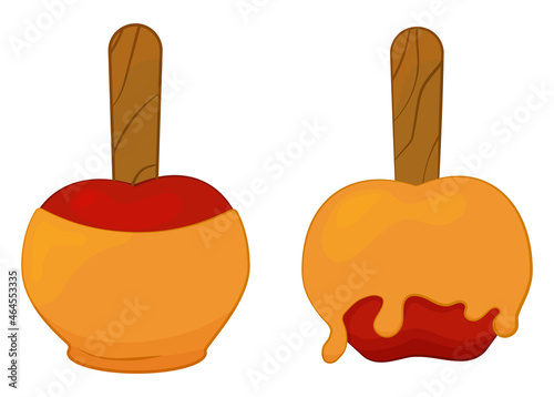 Two caramelized red apple fruit isolated on white. Cartoon outline  vector illustration.