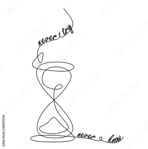 a continuous drawing with a single line of an hourglass and a hand with an inscription you will not do, you will not recognize. The concept of time, overcoming willpower