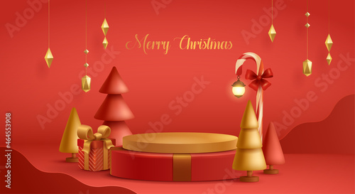3D illustration of Christmas red and golden theme product display background with Christmas festive decoration and podium.