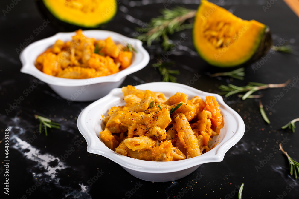 Pasta with pumpkin and welnuts, a complete vegetarian dish. Ideal for an autumn lunch Pasta with pumpkin and welnuts, a complete vegetarian dish. Ideal for an autumn lunch