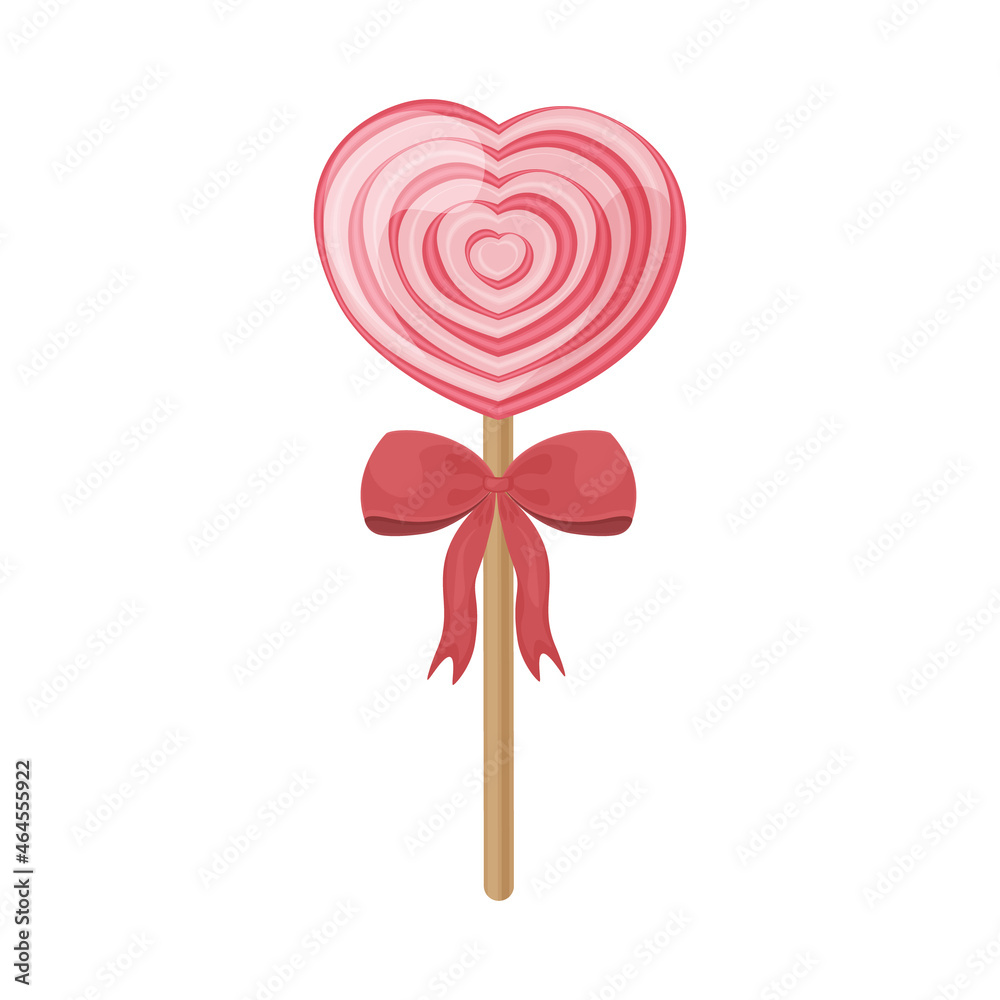A bright heart-shaped lollipop with a bright red bow on a stick. Sweet lollipop. New Year s candies. Sweets for Valentine s Day. Vector illustration isolated on a white background