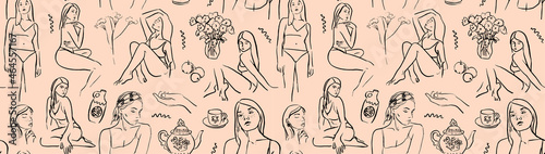 Vector illustration. Beautiful women. The body is positive. Seamless pattern of linear sketches. Female silhouettes for wall art. Modern bohemian illustrations. Elements for the fine arts.