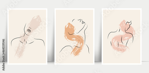 women body wall art vector set. boho earth tone line art drawing with abstract shape. Brush stroke. Abstract Plant Art design for print, cover, wallpaper, Minimal and natural wall art.