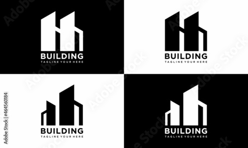 LETTER HH BUILDING LOGO DESIGN VECTOR TEMPLATE on a black and white background.