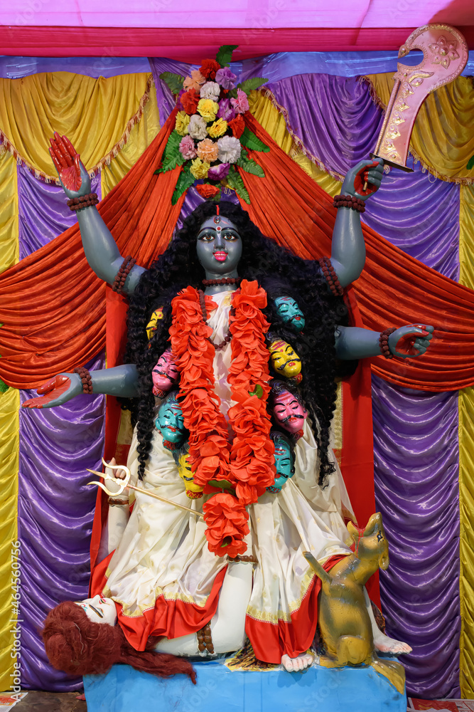 Idol of Goddess Maa Kali at a decorated puja pandal in Kolkata, West ...