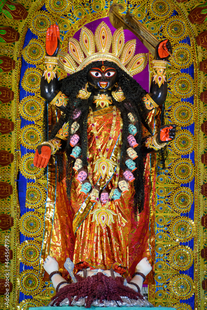 Idol of Goddess Maa Kali at a decorated puja pandal in Kolkata, West