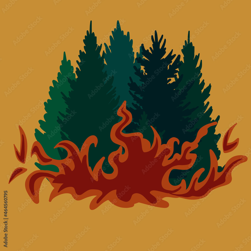 Forest fire in forest or park illustration poster ore banner. Burning forest spruces in fire flames, nature disaster concept illustration background, poster danger, careful with fires Forest fire in forest or park illustration poster ore banner. Burning forest spruces in fire flames, nature disaster concept illustration background, poster danger, careful with fires