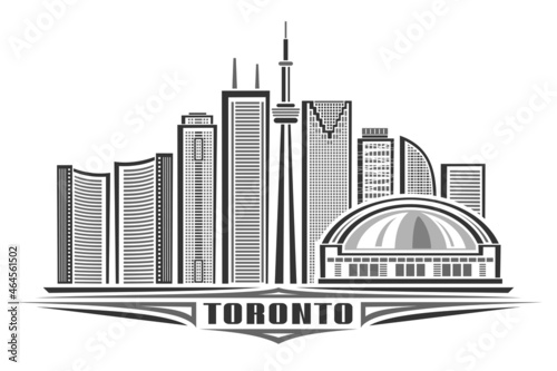 Vector illustration of Toronto, monochrome horizontal poster with linear design famous toronto city scape, urban line art concept with decorative lettering for black word toronto on white background.