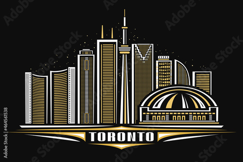 Vector illustration of Toronto, horizontal poster with linear design famous toronto city scape on dusk starry sky background, urban line art concept with decorative lettering for word toronto on dark.