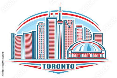 Vector illustration of Toronto, horizontal poster with linear design famous toronto city scape on day sky background, urban line art concept with decorative lettering for blue word toronto on white.
