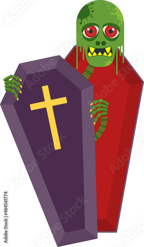 Green zombie climbs out of the coffin. The living dead.