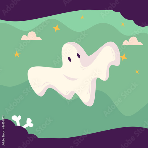 Halloween background with funny ghosts. For web, social media posts, vector banner templates. Flat Style and minimalist illustration.