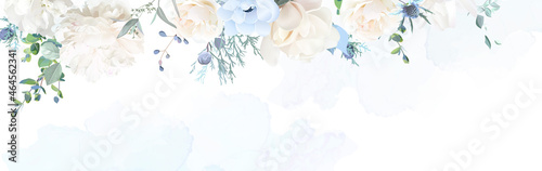 Creamy beige rose, dusty blue anemone, thistles, magnolia, peony, eucalyptus
