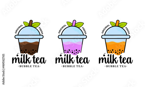 bubble tea set. fresh drink cup of milk tea. milkshake vector illustration