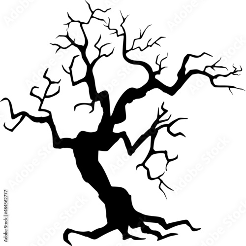 Black silhouette of a gnarled dry tree on a white background.