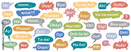 Set of speech bubbles with exclamations isolated on white background. White words on colored bubbles. Emotions of joy, relief, admiration. surprise, sarcasm, boredom, irritation. Vector.