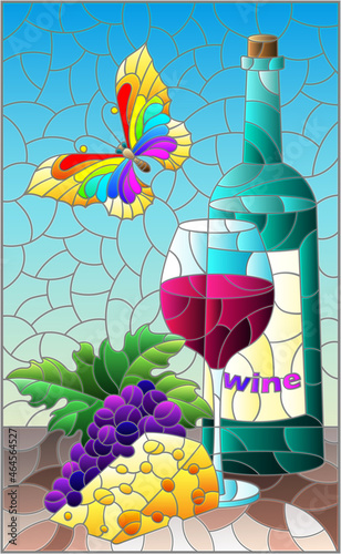 An illustration in the style of a stained glass window with a still life with a bottle of wine, cheese and grapes, a still life on a blue background, a rectangular image