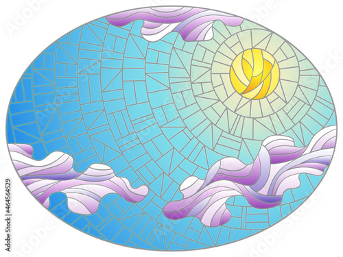 An illustration in the style of a stained glass window with an abstract sky, sun and clouds on a blue background, an oval image